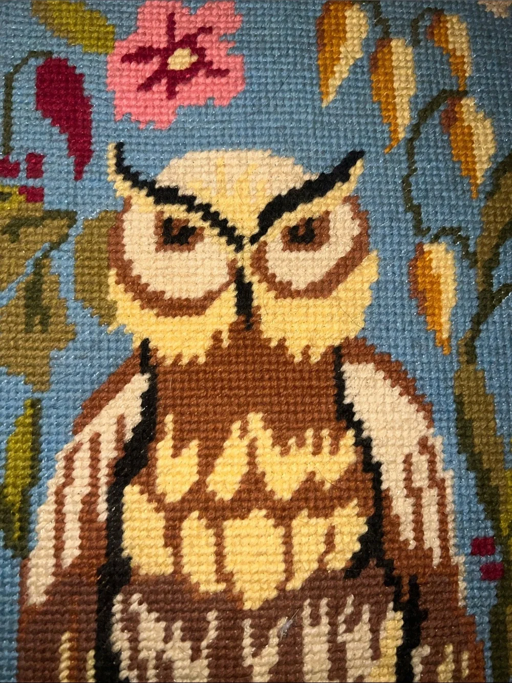 Vintage 1960’s Owl NeedleWork hand made picture. Professionally Framed